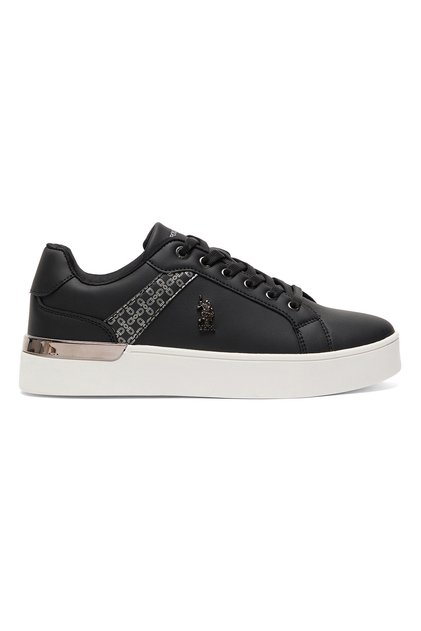 Women's Black Low-Top Sneakers - Chic Design with Grey Accent and Metal Logo Detail for Elegance