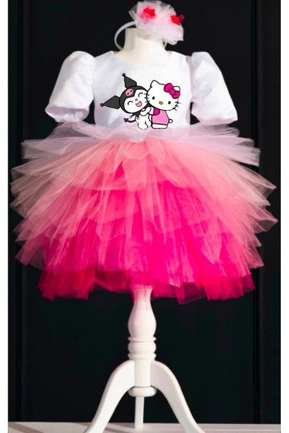 Kuromi Hello Kitty Themed Girl's White Birthday Dress & Party Costume with Crown Gift