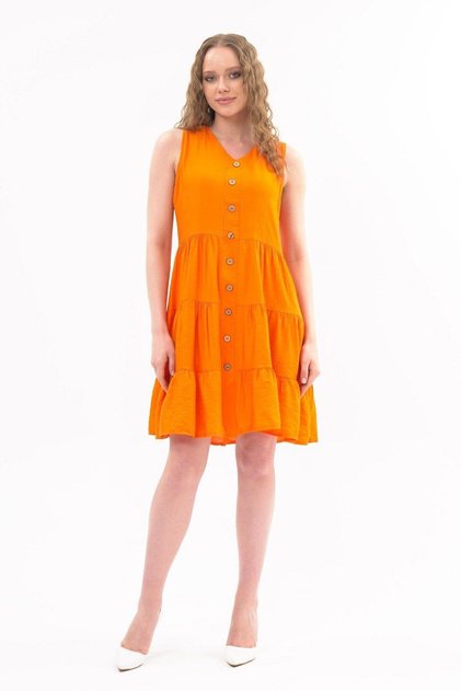 Apsen Women's New Season V-Neck Skirt with Decorative Buttons and Ruffles Orange Short Dress 4472-95