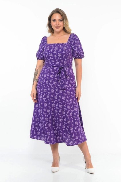 Apsen women's square neck short sleeve elasticated smocked detail midi dress 4475-120