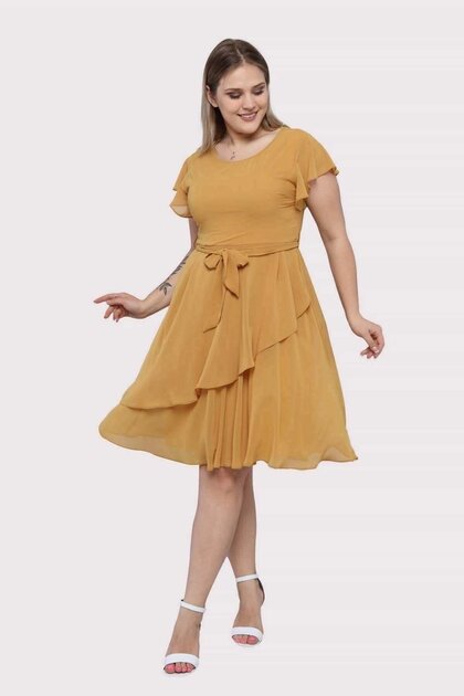 Apsen Women's Mustard Flywheel Detailed Midi Plus Size Chiffon Dress 4337-110