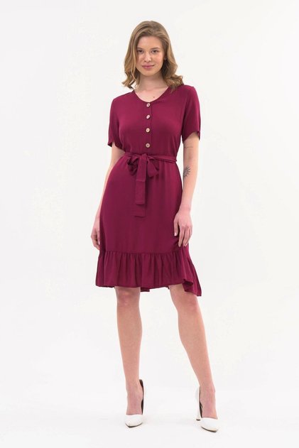 Apsen Women's Dress Burgundy Color Front Button Detail Summer Midi Dress 4437-105