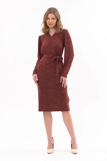 Apsen Women's Tile V-Neck Belted Tie Detailed Knitwear Winter Midi Length Dress 4452-110