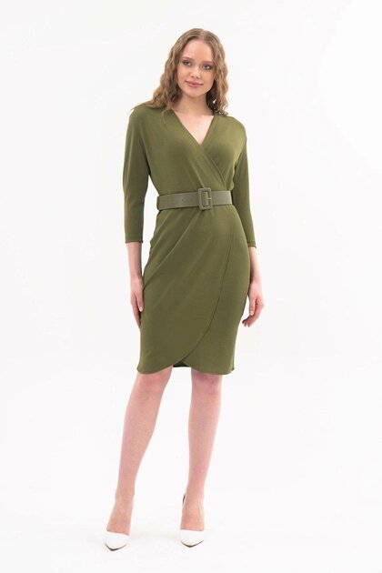 Apsen Women's Crepe Khaki Double-Breasted Belted Midi Wrap Dress 3753-100