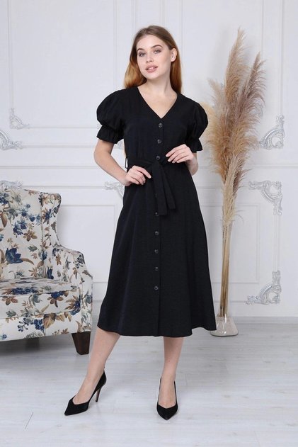Apsen Women's Black Belted Buttoned New Season V-Neck Dress 4366-115
