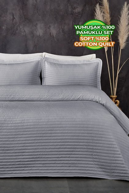 100% Cotton Single Quilted Bedspread (Pique) Set Judy Fiber Filled Striped Gray