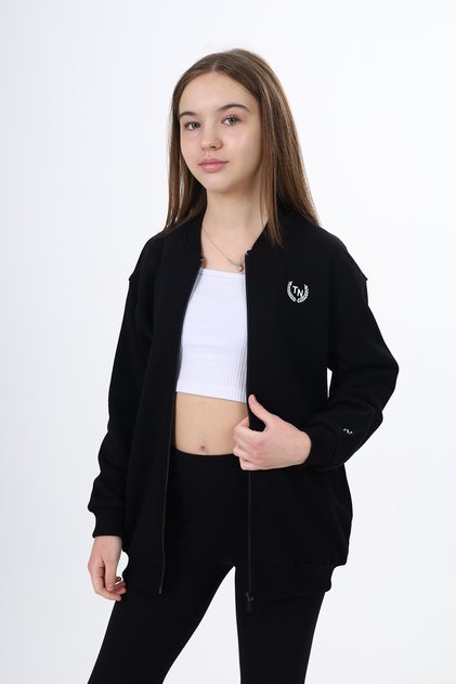 Girls' College Collar Zippered Pocket Low Shoulder Printed Knitted Cardigan - 2 Thread Raised
