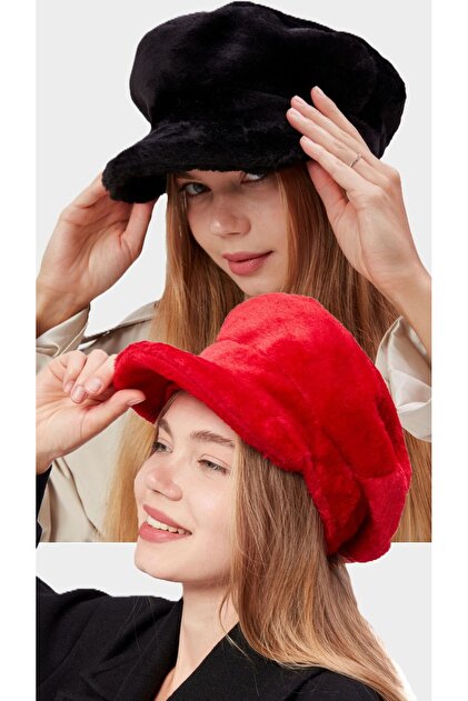 Double Layer Women's Plush Newsboy Winter Hat Red - Black
