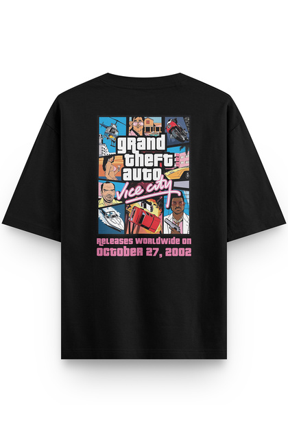 Overoz Gta Vice City Sırt Baskılı Yarı Oversize Siyah T-shirt 1314