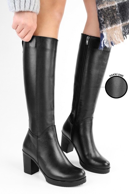 Women's Daen Black Genuine Leather Heeled Boots