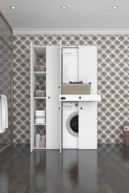 Çamaşır-Kurutma Makinesi Dolabı Şahrur Sol Byz 187*120*60 Çekmeceli Banyo