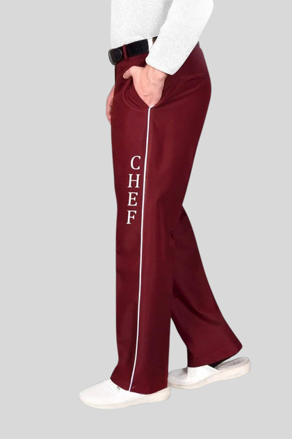 Chef Cook Pants, Chef Embroidery Work Pants, Burgundy Chef Pants with Side Piping