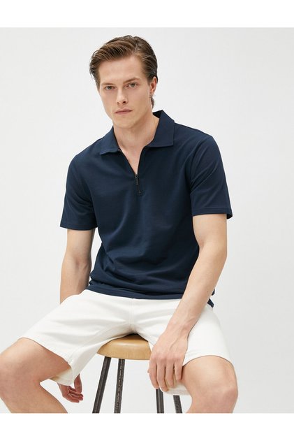 Zipper T-Shirt Polo Neck Short Sleeve Cotton
