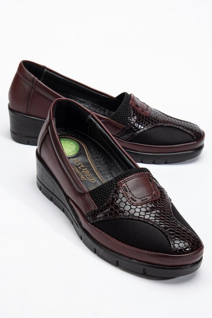 Large Size Genuine Leather Women's Daily Orthopedic Shoes Burgundy with Side Stretch