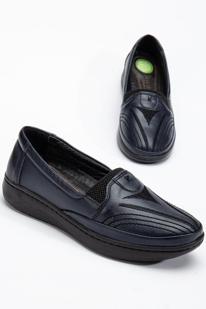 Large Size Genuine Leather Women's Daily Orthopedic Shoes Navy Blue with Embroidered Face