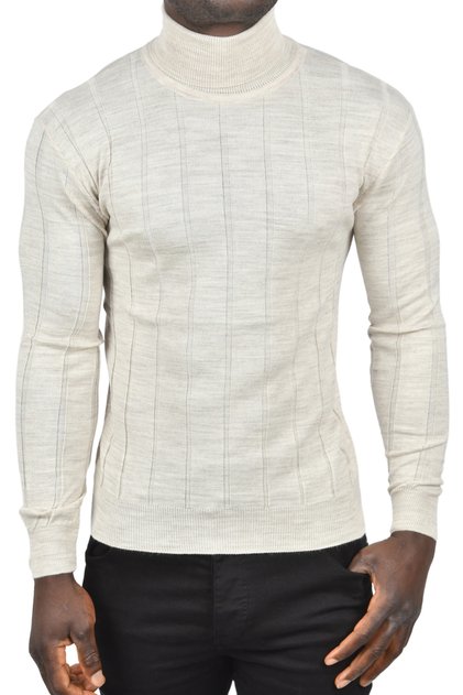 Men's Beige Slim Fit Lycra Full Turtleneck Striped High Top Sweater 2505504