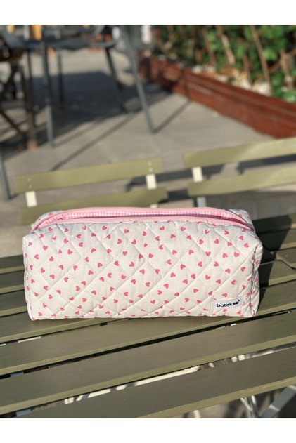 Pembe Kalp Desenli Saç Şekillendiricileri İçin Seyahat Çantası - XL Boy