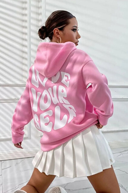 Combineman35 Kadın Pembe Love Yourself Baskılı Oversize Kapüşonlu