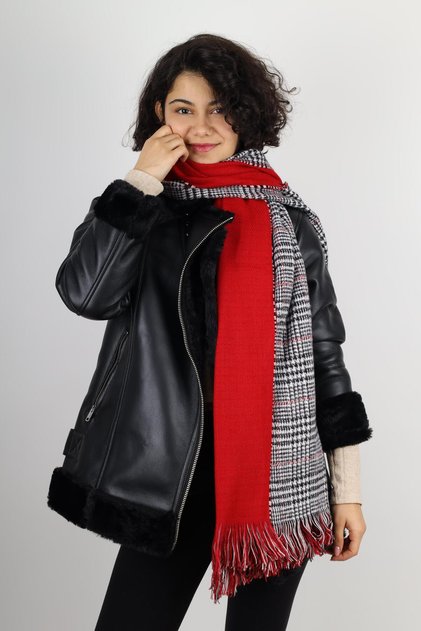 Women's Red Winter Double Sided Plaid Pattern Wool Scarf