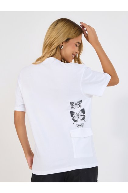 Oversized Butterfly Graphic T-Shirt with Pocket Detail