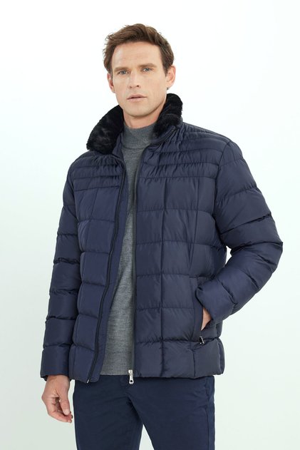 Men's Navy Blue Warm Fiber Filled Standard Fit Regular Fit Stand Collar down Jacket with Side Pockets