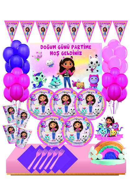 Gabby Dollhouse 16 Kişilik Afişli Doğum Günü Seti Gabby Hayalevi Pasta Süsü Dahil