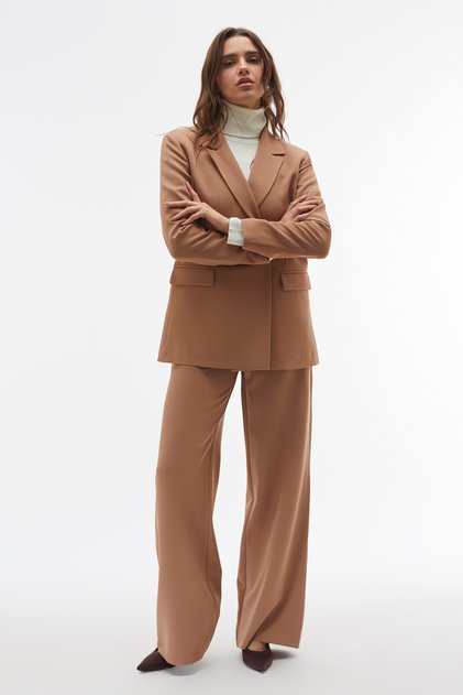 Women's Beige Wide Leg Pleated Trousers