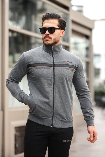 Men's Stylish Chest Embroidery Detailed Combed Cotton Tracksuit Set, Anthracite