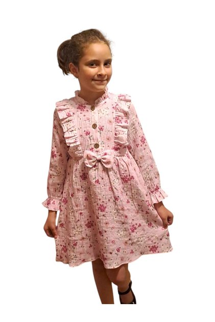 Girls' Long Sleeve Printed Cotton Muslin Fabric Seasonal Dress