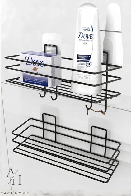 Stainless Steel Set of 2 Adhesive Bathroom Shelves with 4 Hooks Matte Black Bathroom Shampoo Holder Shower Cabin Shower Hanger