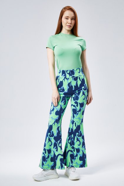 Women's Water Green Patterned High Waist Stretchy Flared Leggings Pants