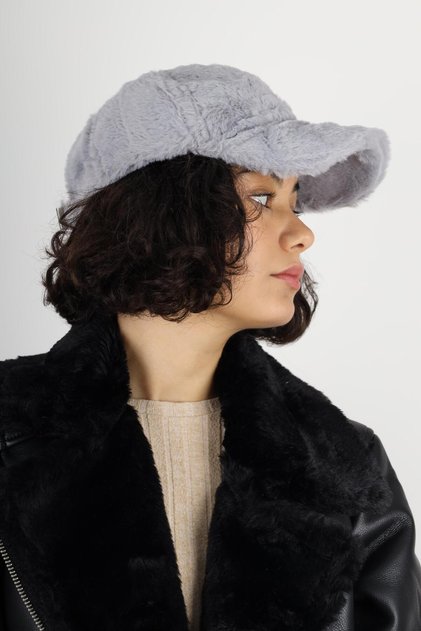 Women's Gray Winter Fur Soft Textured Plush Hat