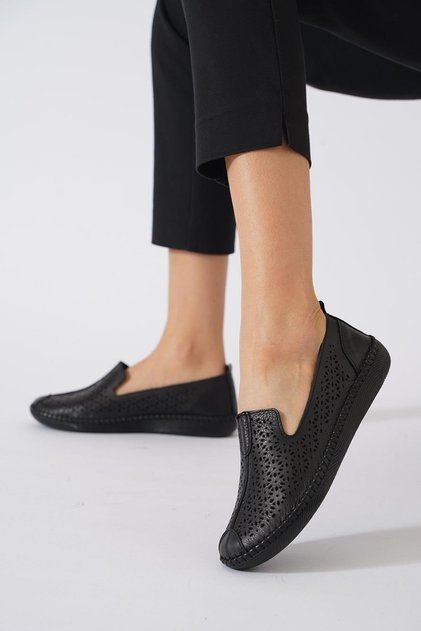 Hertes Laser Genuine Leather Women's Shoes Black Skin