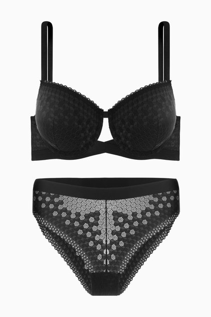Crossed Strap Detail Lace Low-Cut Bra Set - Unpadded - Fashion - 2511 - Black