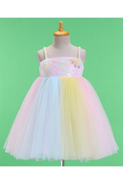 Babyhug Sleeveless Party Frock With Mesh & Sequine Detailing - Pink Yellow & Blue