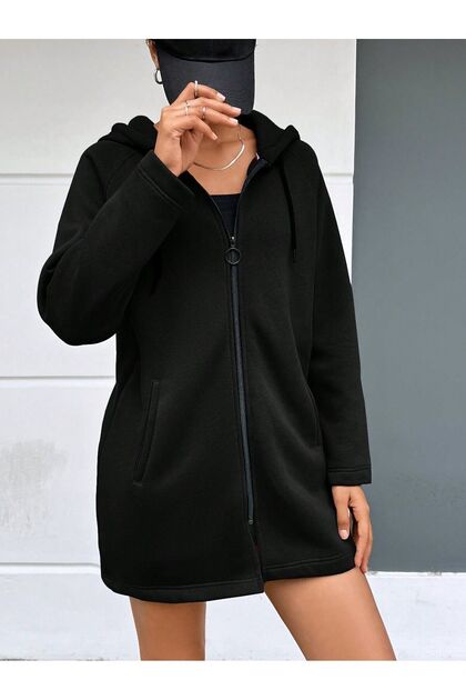 Mood Lab SİYAH KAPŞONLU FERMUARLI UZUN KALIN OVERSIZE ÖRME HIRKA