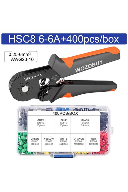 مجموعة أدوات تجعيد الأسلاك سداسية الشكل ذاتية الضبط HSC8 6-6A، 800 قطعة، مقاسات الأسلاك من 23 إلى 10 AWG، مساحة المقطع العرضي من 0.25 إلى 6 مم²