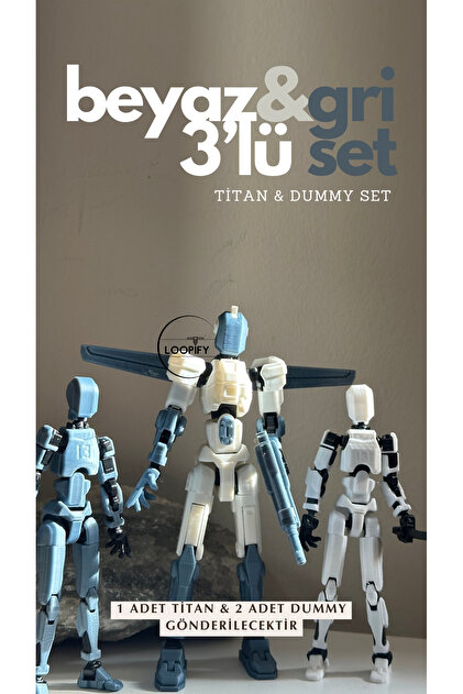 Loopify Titan 13 Aksiyon Figürü Robot Oyuncak 3'lü Beyaz ve Gri