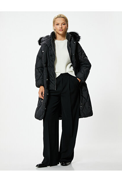 Extra Long Inflatable Coat with Faux Fur Detail, Hood, Belt and Wind Cover