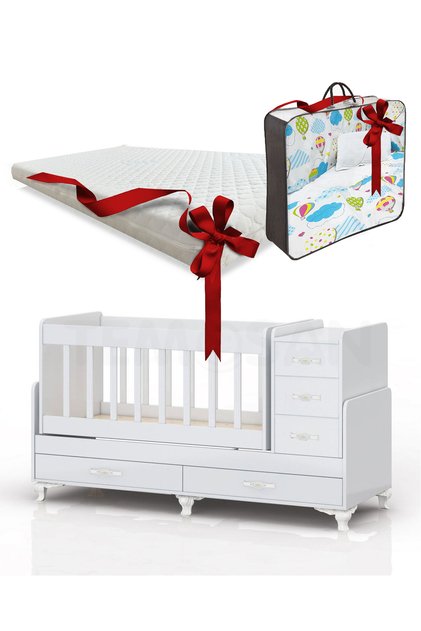 Mavi Uyku Setli, Yataklı, Anne Yanı Olabilen, Sallanır Büyüyen Bebek Beşiği 60 x 120