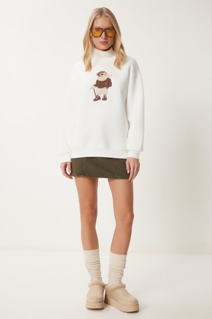 Kadın Kırık Beyaz Ayıcık Armalı Şardonlu Örme Sweatshirt WE00001