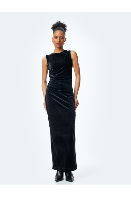 Drape Detail Slim Fit Round Neck Sleeveless Long Velvet Dress
