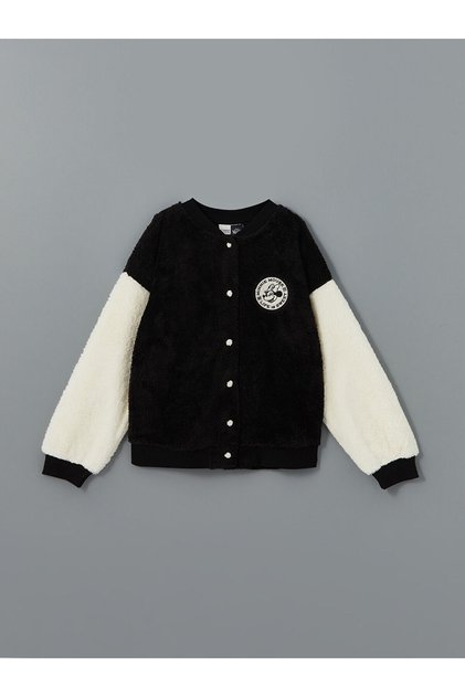 Lcw Kids New Black Crew Neck Minnie Mouse Embroidered Plush Girls' Coat