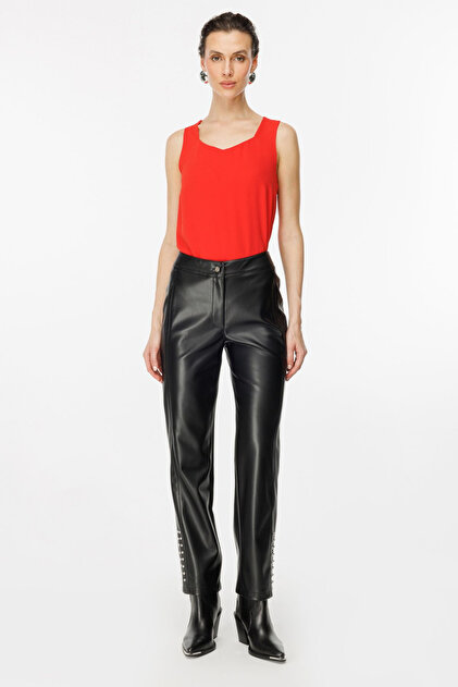 Kadın Deri Look Midi Pantolon - Minimalist Günlük Stil - Metalik Detaylar Pantolon 25ekl04037