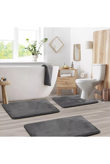 3'lü Banyo Paspas Seti Klozet Önü Peluş Yumuşacık Yıkanabilir Antrasit (50x80-40x60-40x50)