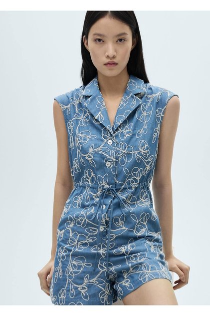 İşlemeli denim tulum