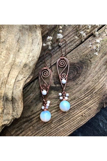 Copper Wire Wrapping Crimping Opal Natural Stone Earrings
