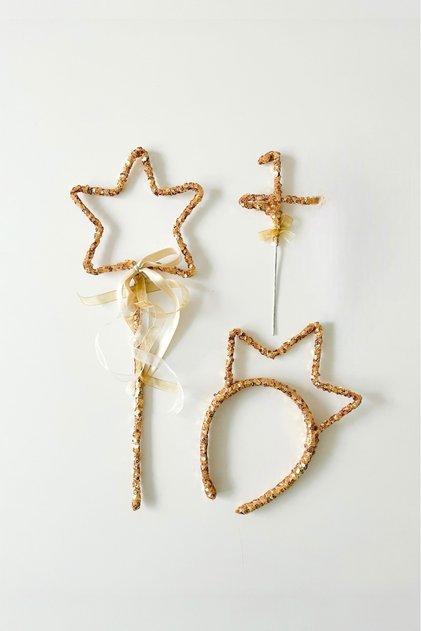 Sequin Sequin Girl Crown Star Wand Scepter and 1 Year Old Cake Decoration Birthday Ornament Set-Gold