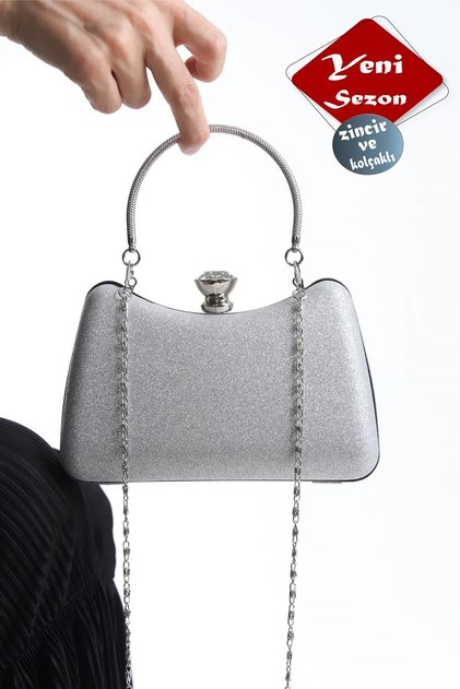 Silver Sparkling Glitter Evening Dress Bag with Armrests and Chain Special Kit Opening