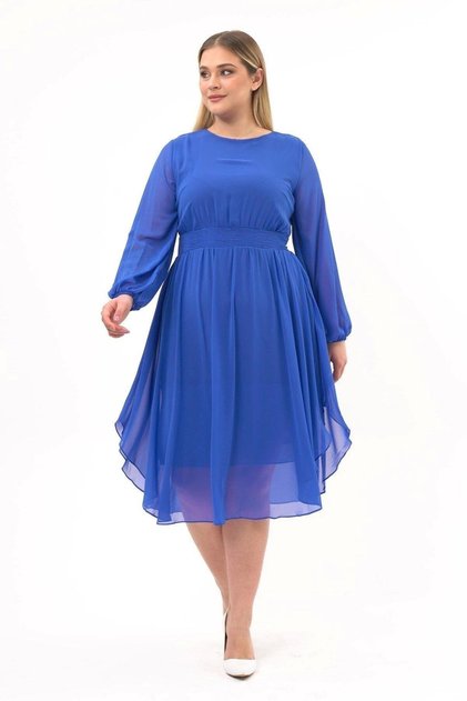 Apsen Women's Indigo Crew Neck Waist Draped Detailed Long Sleeve Midi Length Chiffon Dress 4466/120